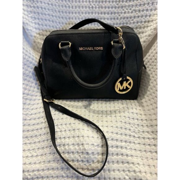 Michael Kors Black Leather Dome Satchel Medium Handbag Gold Accents Purse - Picture 1 of 12
